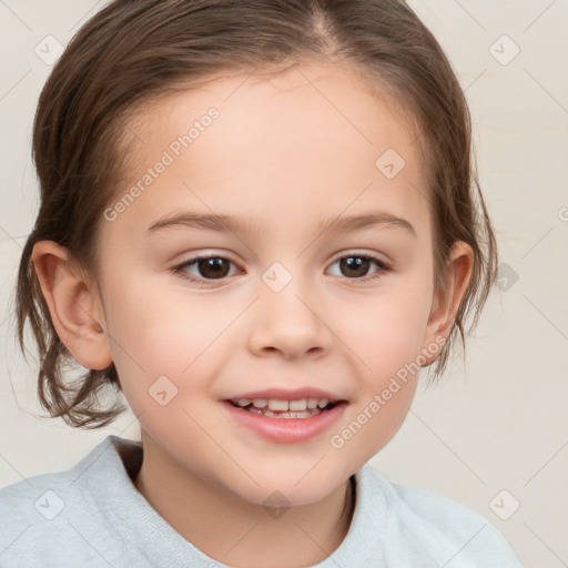 Joyful white child female with medium  brown hair and brown eyes