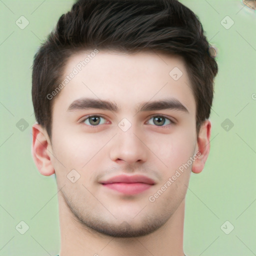 Neutral white young-adult male with short  brown hair and brown eyes