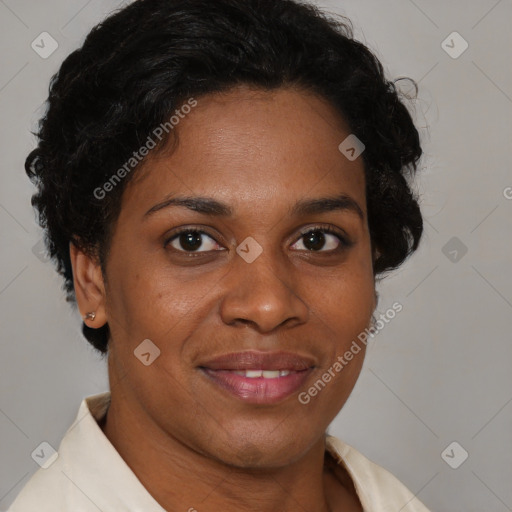 Joyful latino adult female with short  brown hair and brown eyes