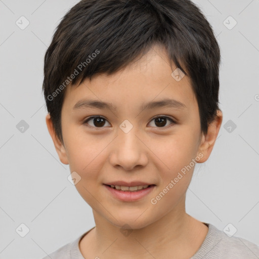 Joyful white child female with short  brown hair and brown eyes