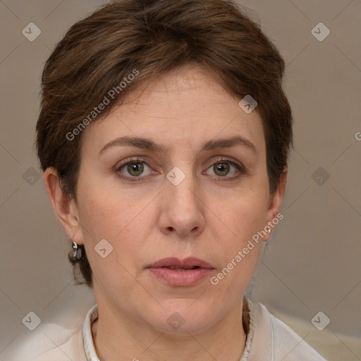 Joyful white adult female with short  brown hair and grey eyes