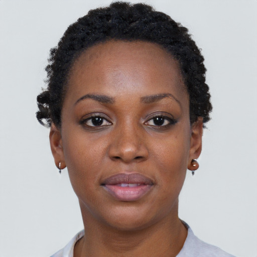 Neutral black young-adult female with short  black hair and brown eyes