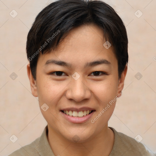 Joyful asian young-adult female with short  brown hair and brown eyes