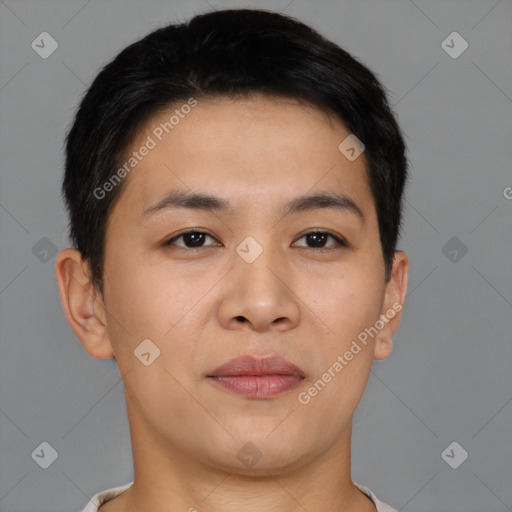 Joyful asian young-adult male with short  brown hair and brown eyes