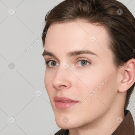 Neutral white young-adult female with short  brown hair and brown eyes