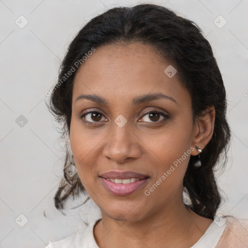 Joyful black young-adult female with medium  brown hair and brown eyes