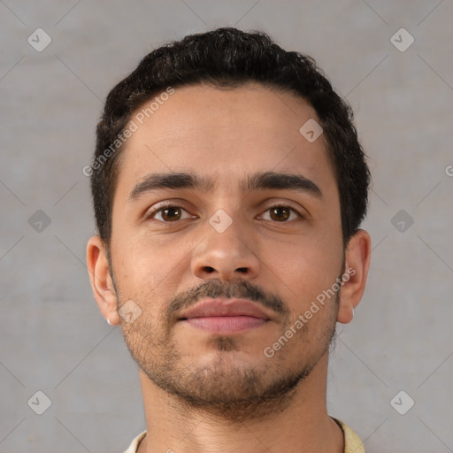 Neutral white young-adult male with short  brown hair and brown eyes