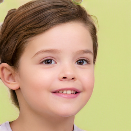 Joyful white child female with short  brown hair and brown eyes