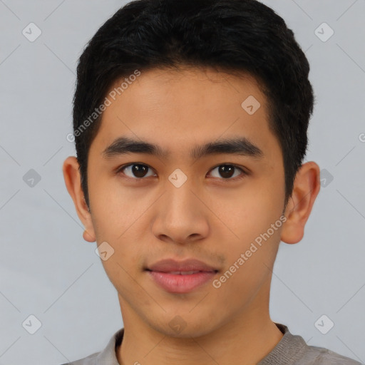 Neutral asian young-adult male with short  black hair and brown eyes