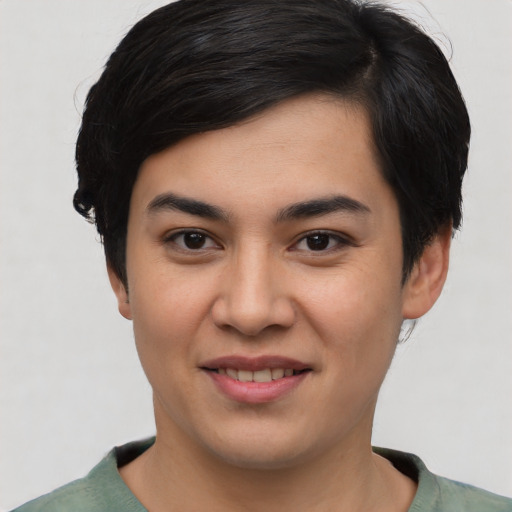 Joyful asian young-adult male with short  black hair and brown eyes