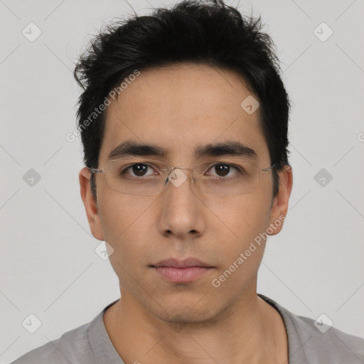 Neutral asian young-adult male with short  black hair and brown eyes