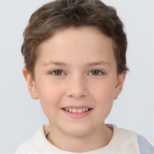 Joyful white child female with short  brown hair and brown eyes