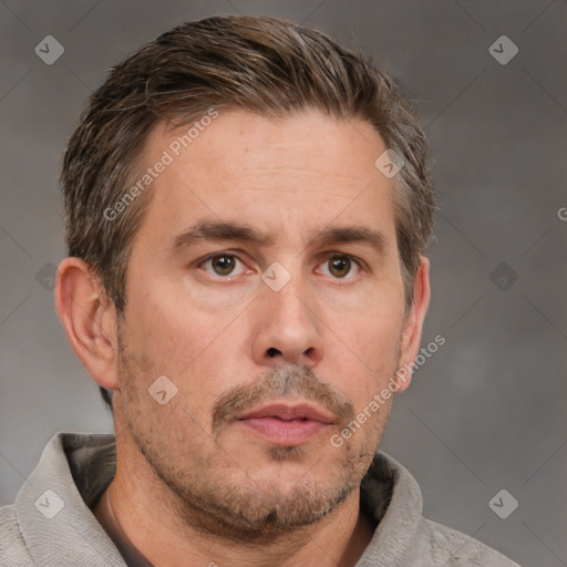 Neutral white adult male with short  brown hair and brown eyes