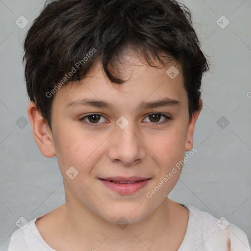 Joyful white child female with short  brown hair and brown eyes