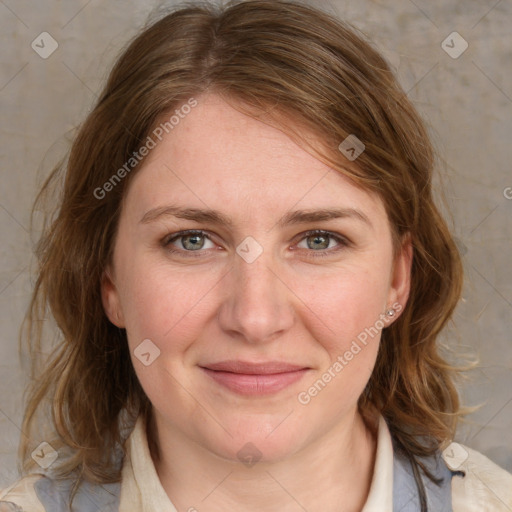 Joyful white young-adult female with medium  brown hair and blue eyes