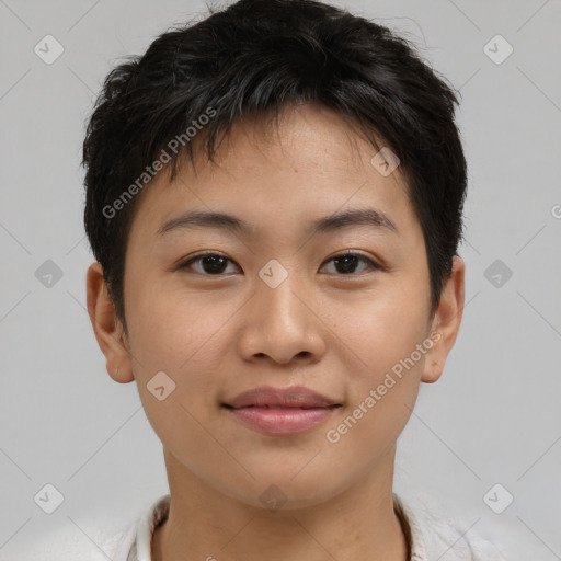 Joyful asian young-adult female with short  brown hair and brown eyes