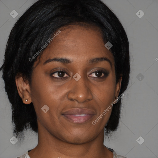 Joyful black young-adult female with medium  brown hair and brown eyes