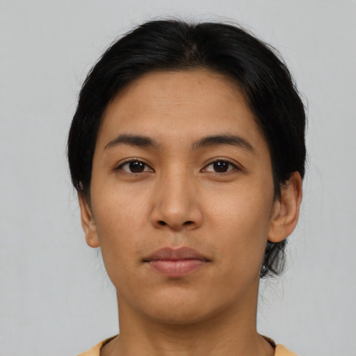 Neutral asian young-adult female with short  black hair and brown eyes