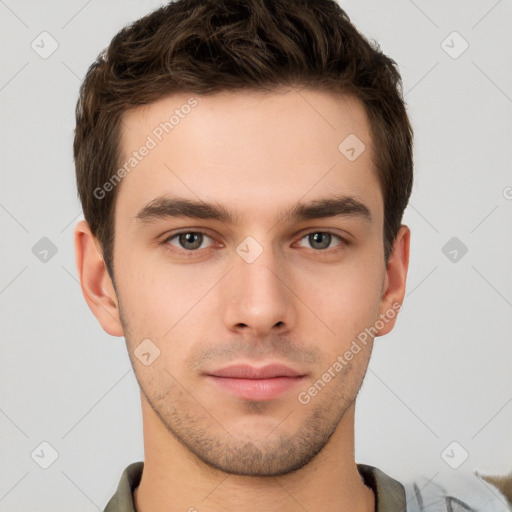 Neutral white young-adult male with short  brown hair and brown eyes