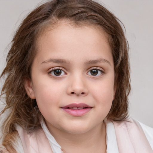 Joyful white child female with medium  brown hair and blue eyes