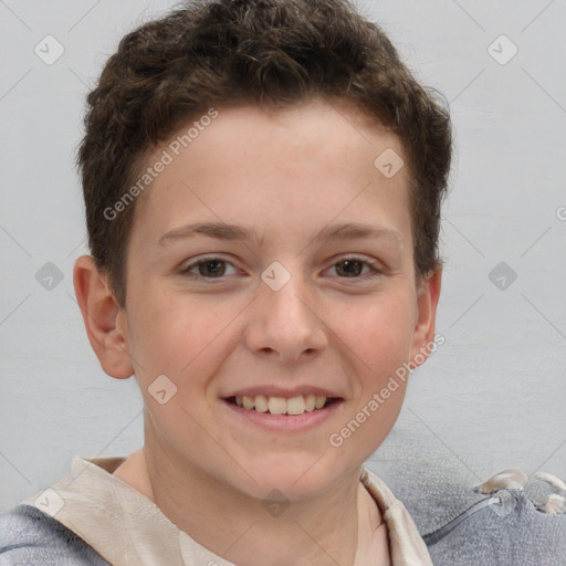 Joyful white child female with short  brown hair and brown eyes