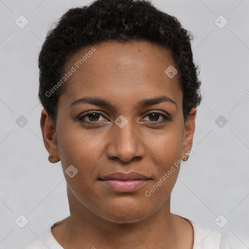 Joyful black young-adult female with short  brown hair and brown eyes