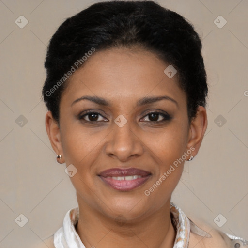 Joyful latino young-adult female with short  brown hair and brown eyes