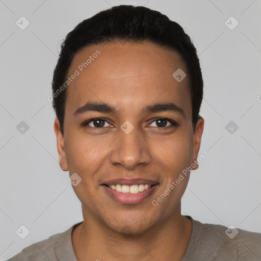 Joyful latino young-adult male with short  black hair and brown eyes