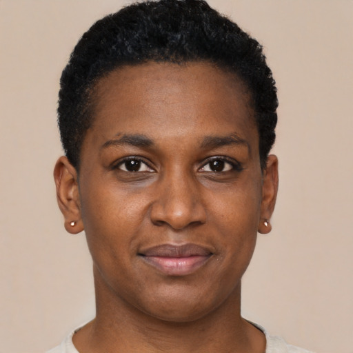 Joyful black young-adult female with short  black hair and brown eyes