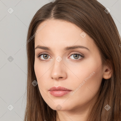 Neutral white young-adult female with long  brown hair and brown eyes