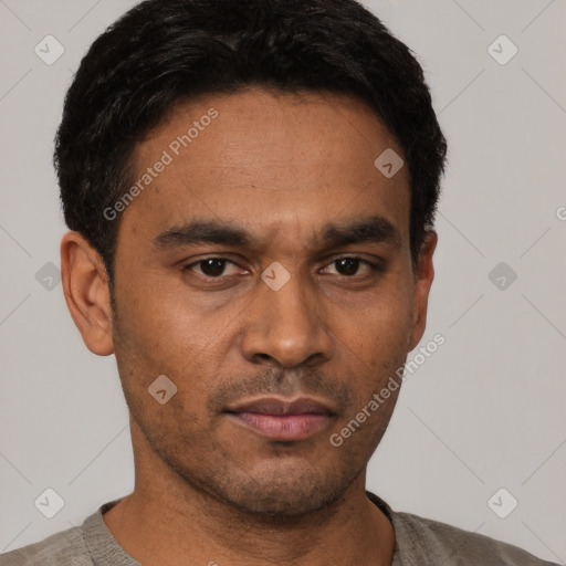 Neutral latino young-adult male with short  black hair and brown eyes