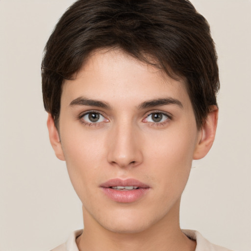 Neutral white young-adult female with short  brown hair and brown eyes