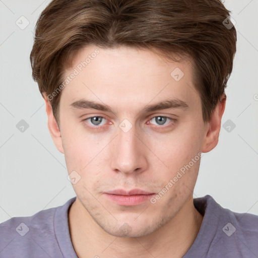 Neutral white young-adult male with short  brown hair and grey eyes