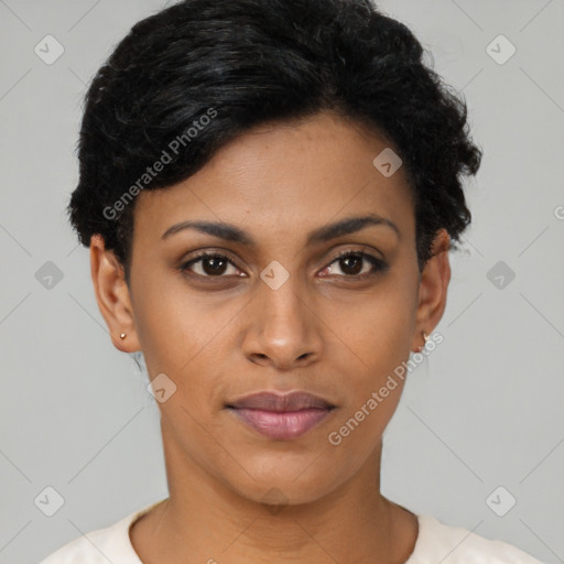 Joyful latino young-adult female with short  black hair and brown eyes