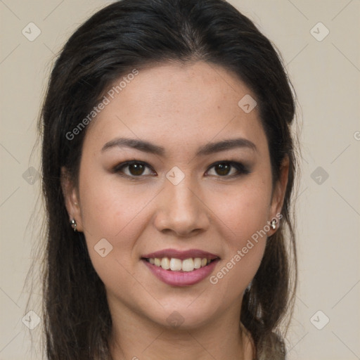 Joyful latino young-adult female with long  brown hair and brown eyes