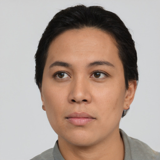 Neutral asian young-adult female with short  black hair and brown eyes