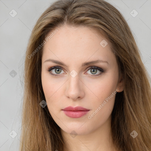 Neutral white young-adult female with long  brown hair and brown eyes