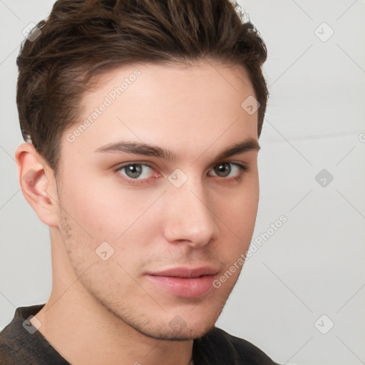 Neutral white young-adult male with short  brown hair and brown eyes