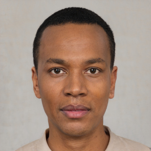 Neutral black young-adult male with short  black hair and brown eyes