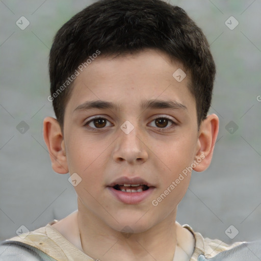 Joyful white child male with short  brown hair and brown eyes