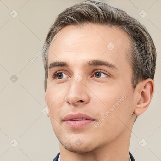 Neutral white young-adult male with short  brown hair and brown eyes