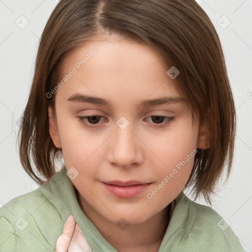 Joyful white child female with medium  brown hair and brown eyes