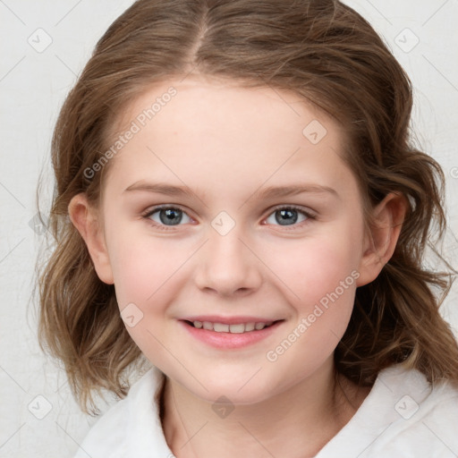 Joyful white child female with medium  brown hair and blue eyes