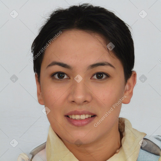 Joyful asian young-adult female with short  black hair and brown eyes