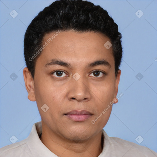 Neutral white young-adult male with short  black hair and brown eyes