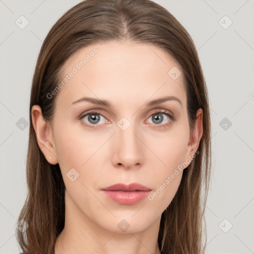 Neutral white young-adult female with long  brown hair and grey eyes