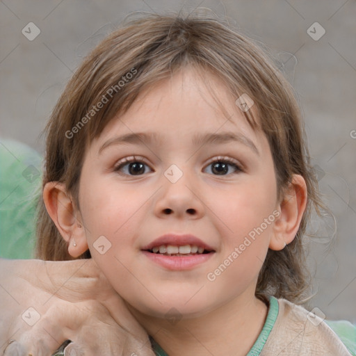 Joyful white child female with medium  brown hair and grey eyes