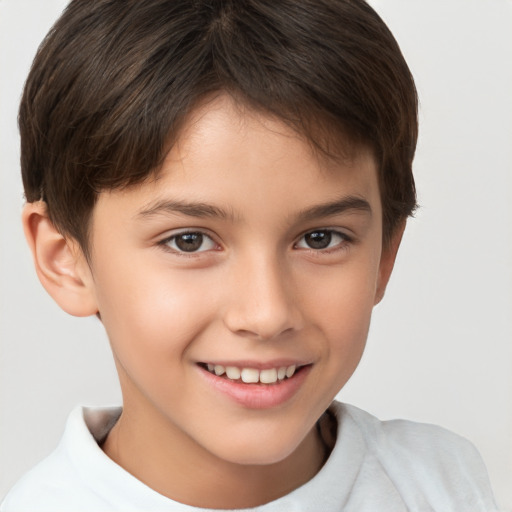 Joyful white child female with short  brown hair and brown eyes