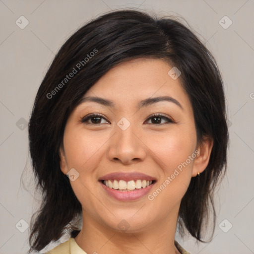 Joyful white young-adult female with medium  brown hair and brown eyes