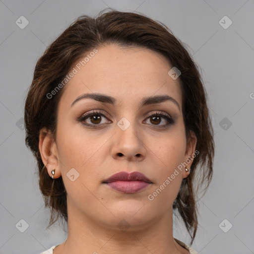 Neutral white young-adult female with medium  brown hair and brown eyes